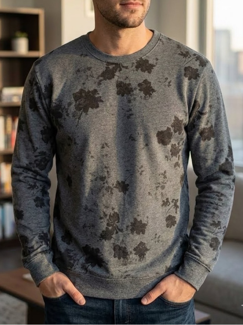 ONLY & SONS Gray Crewneck Sweater with Black Floral Print XL
